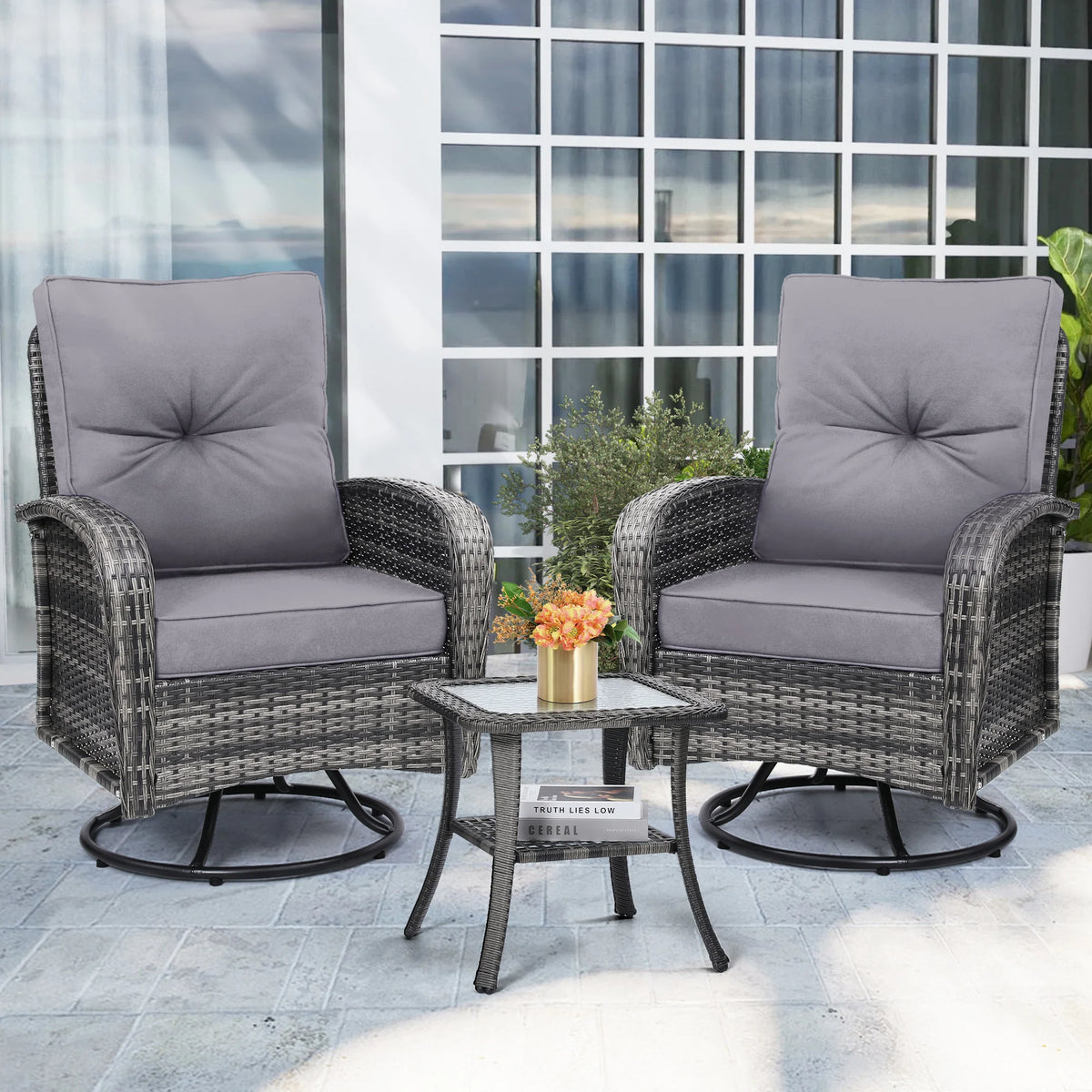 Tuarex Swivel Wicker Chair with Side Table Outdoor Patio Set