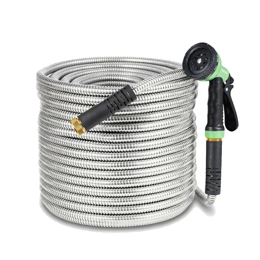 25Ft-150Ft Heavy Duty Stainless Steel Garden Hose with 10-Function Nozzle, No-Kink, Rust-Proof, Flexible & Lightweight Metal Water Hose Solid Brass 3/4'' Connectors for Yard, Outdoor, Car Washing