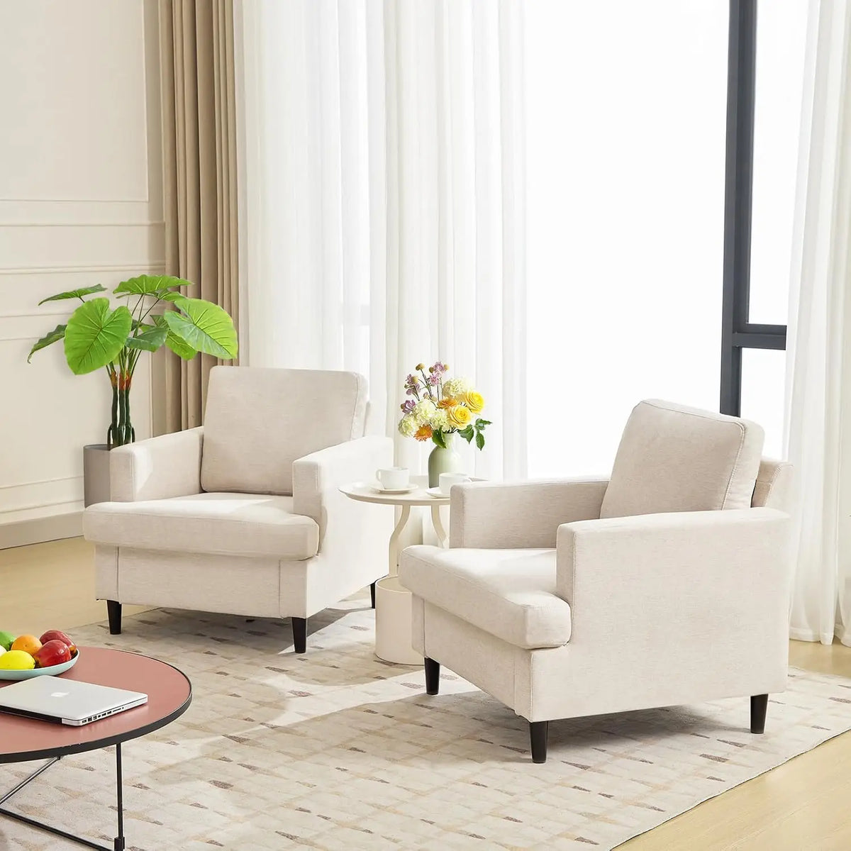 Garvee Mid-Century Modern Accent Chair Linen Fabric Reading Armchair Deep Seat High-Density Foam Solid Wood Legs, Comfy Chair for Small Space, Apartment