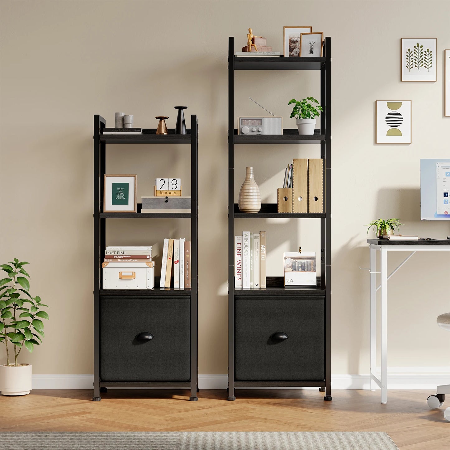 MCQ 5 Tier Metal And Wood Bookshelf With Fabric Drawers