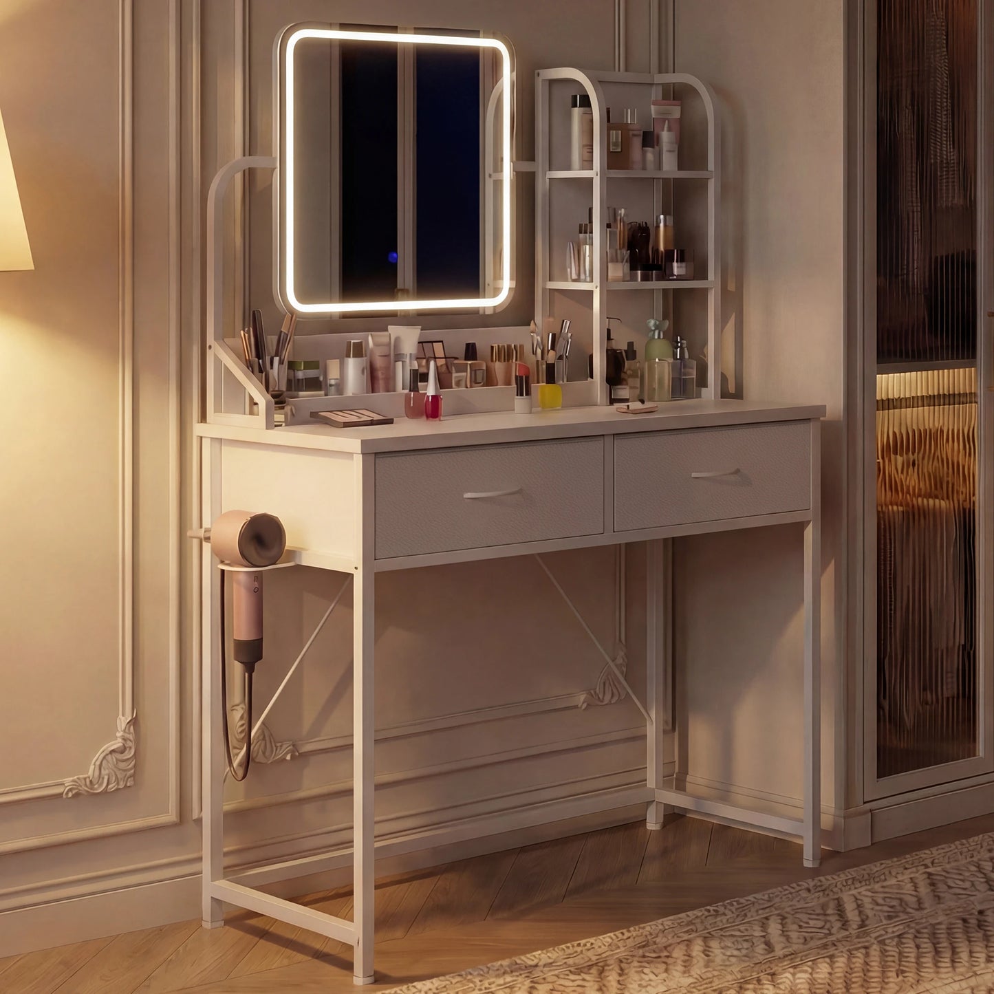 EnHomee LED Makeup Vanity Desk with 2 Fabric Drawers & Power Charging Station, Space Saving Dressing Table Dresser for Bedroom Dorm