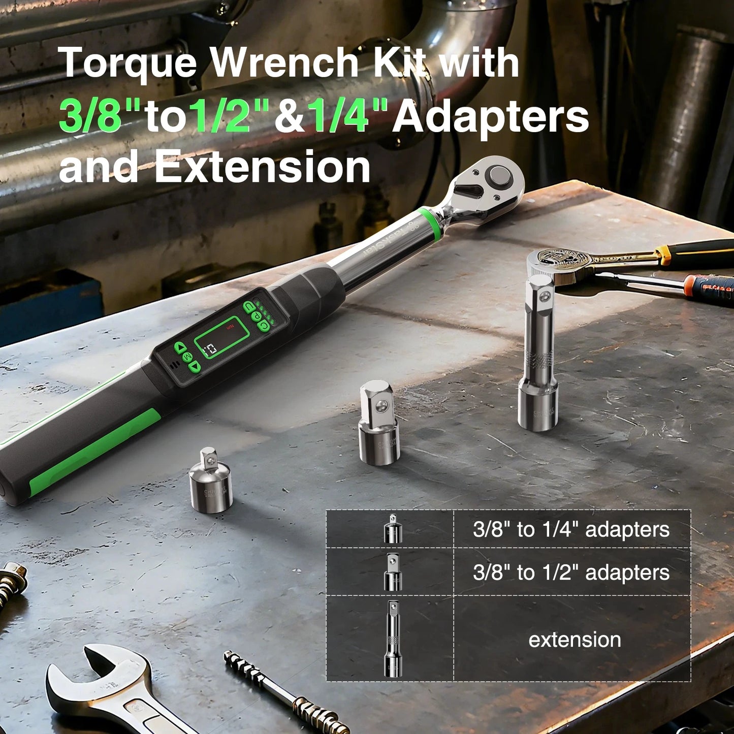 TaskStar 3/8-inch Digital Torque Wrench with 1/4"&1/2" Adapter, Bidirectional Ratchet Head, ±2% Accuracy Electronic Torque Wrench(0-162ft-lbs/0-220N.m), Handheld Wrench Kit For Bicycle/Car/Motorcycle Care, 5 Units of Measure