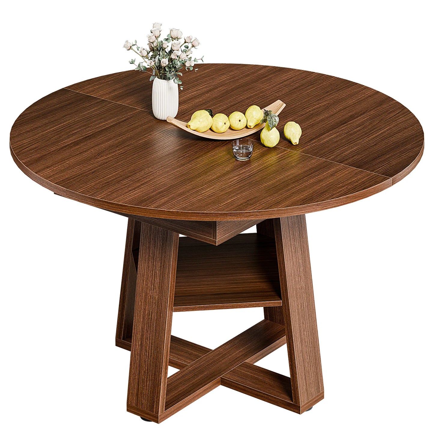JHK Extendable Round Wood Dining Table With Storage
