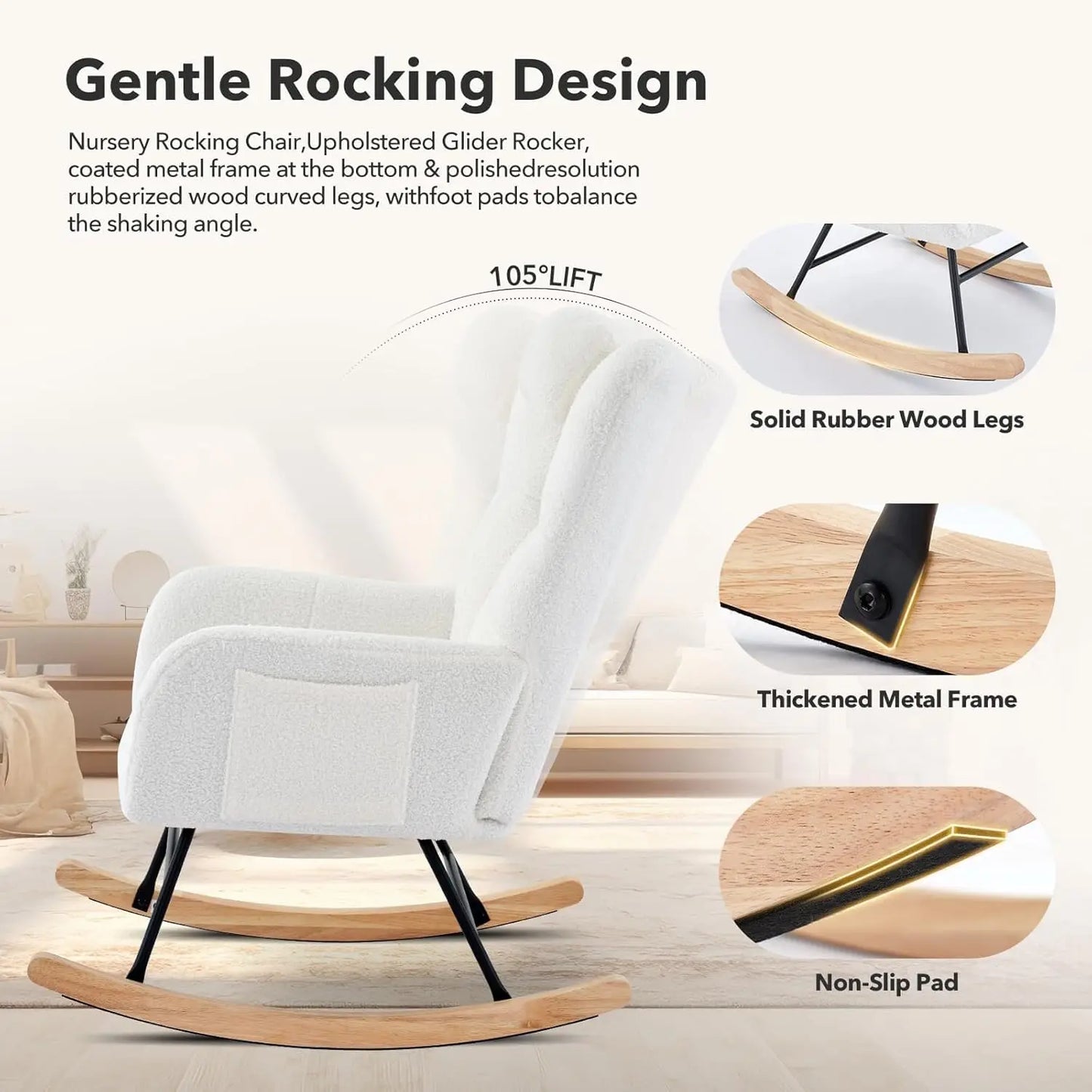 Studyset Modern Boucle Nursery Rocking Chair With Side Pocket