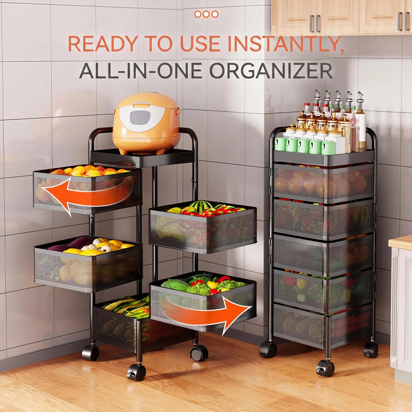 4/5-Tier Thickened Carbon Steel Rotating Storage Cart With Wheels, Mobile Produce Basket Utility Rack Organizer, No Assembly