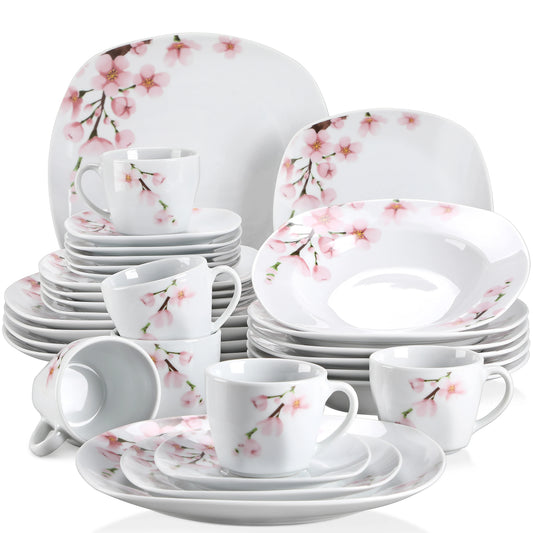 VEWEET ANNIE 30/24/20 Pcs Porcelain Dinnerware Set Pink Floral Plates Dinner Set with Dinner Plate/Dessert/Soup/Cup/Saucer