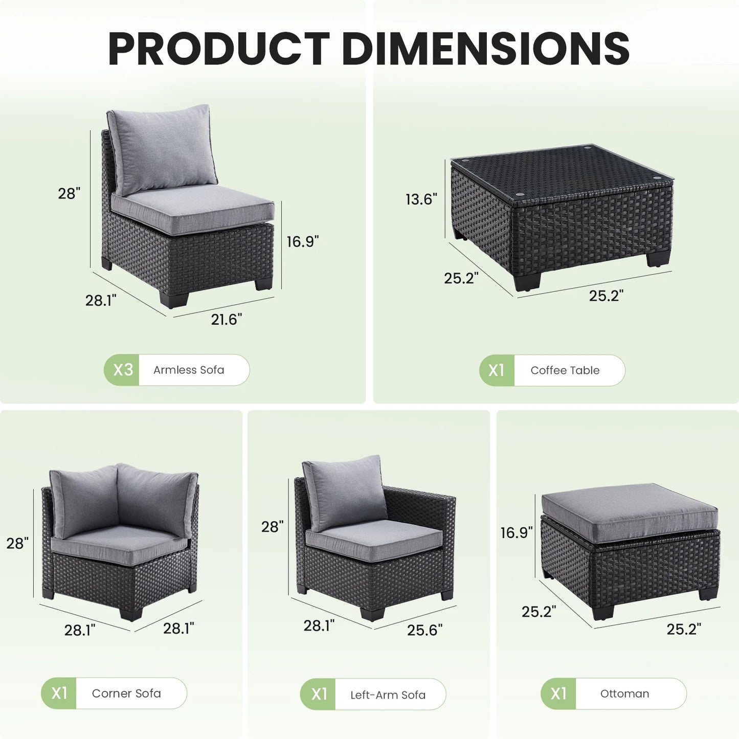 Patio Sectional Sofa Set With Ottoman, Water-Oil-Stain-Resistant Fabric