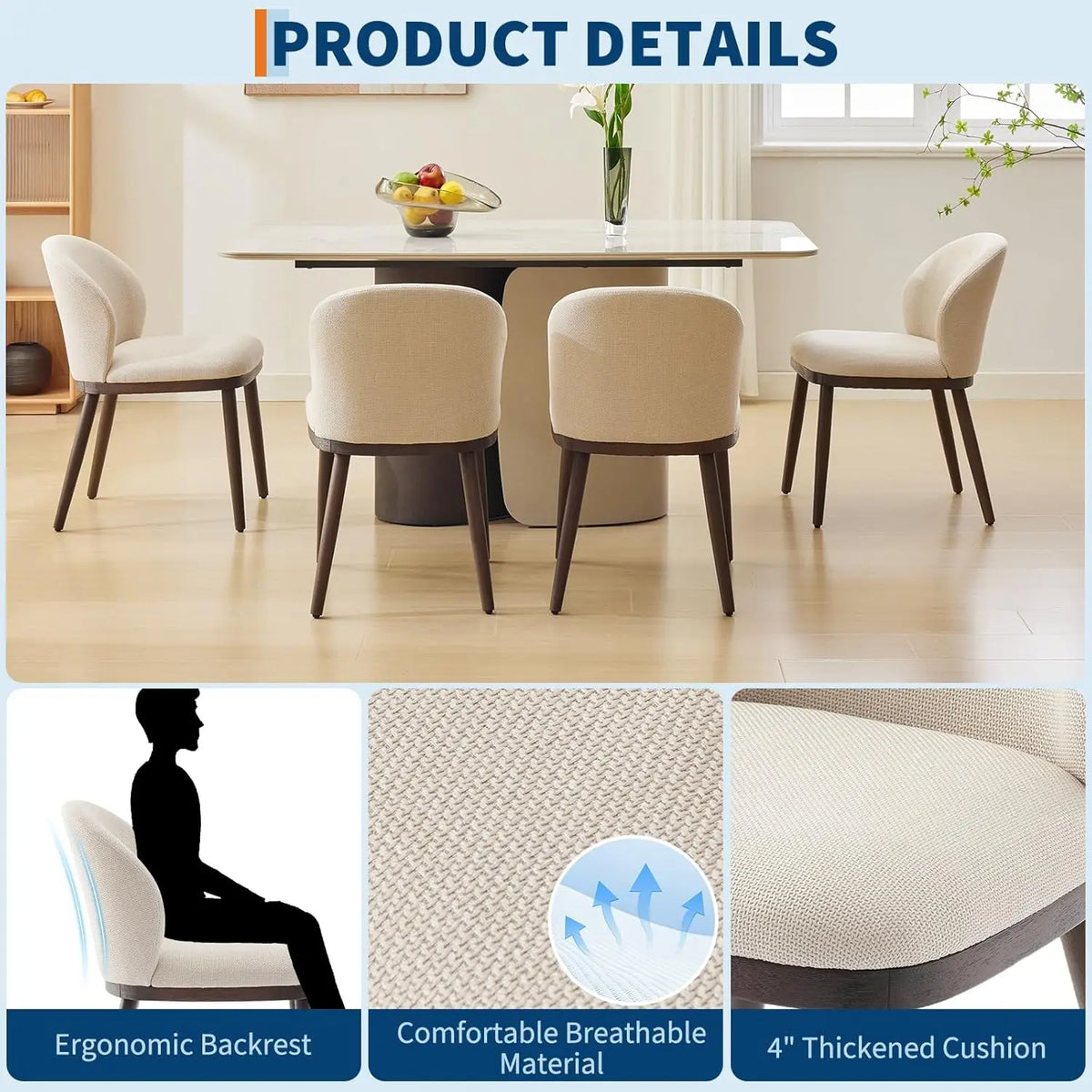 Dining Chairs Set of 2 Modern Upholstered Kitchen Dining Chairs with Ergonomic Back Support Wood Legs for Dining Room, Restauran