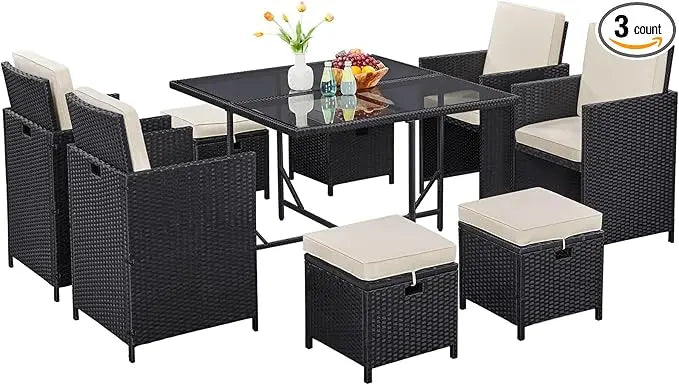 Outdoor Rattan Patio Dining Set With Glass Table And Ottomans