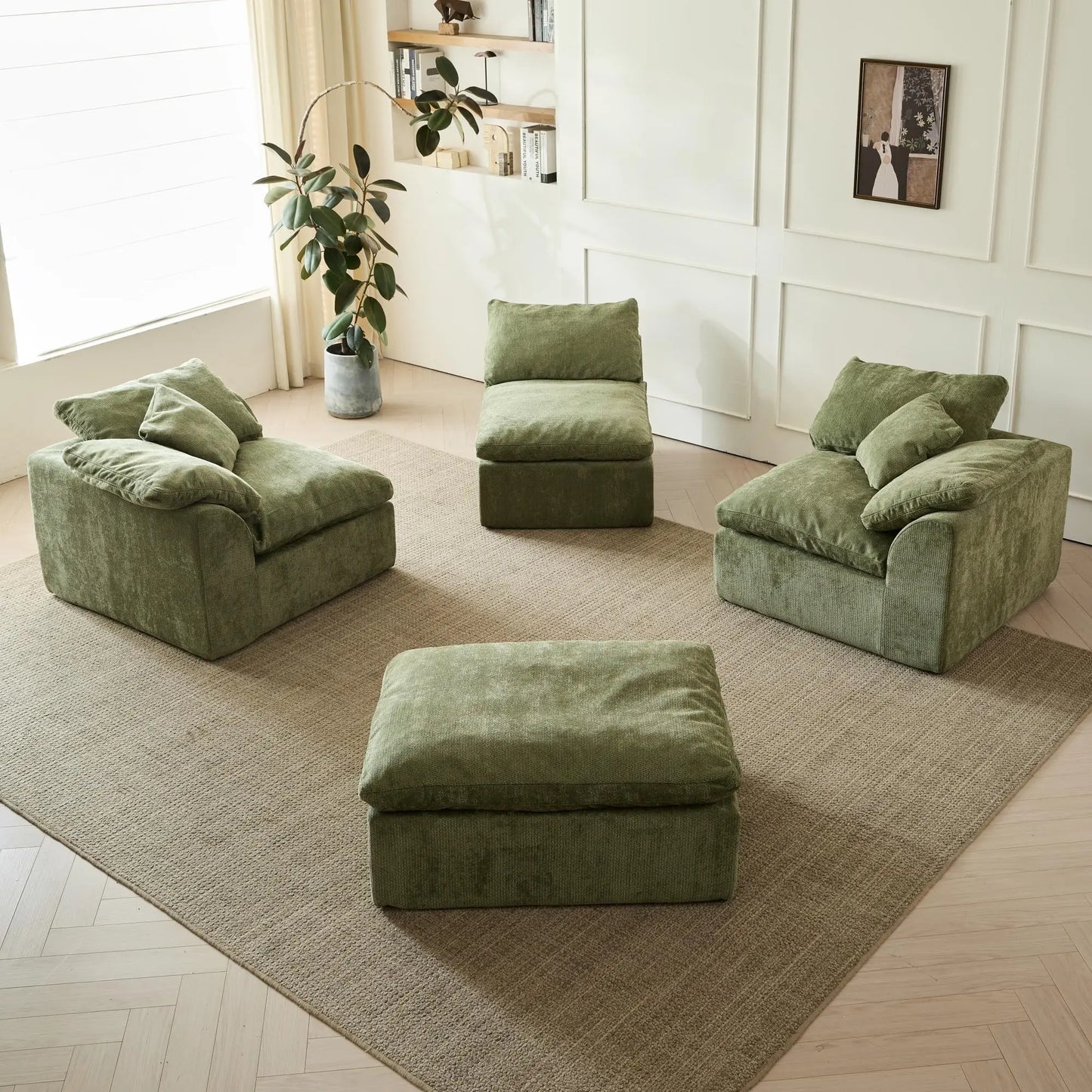 Yeflixvrau Modern L-Shaped 3-Seater Deep Seat Chenille Sofa With Ottoman