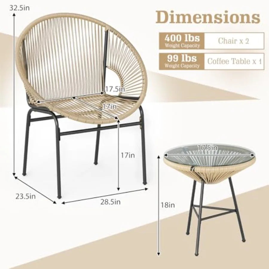 Acapulco Style 3-Piece Outdoor Patio Furniture Set With Glass Table All Weather