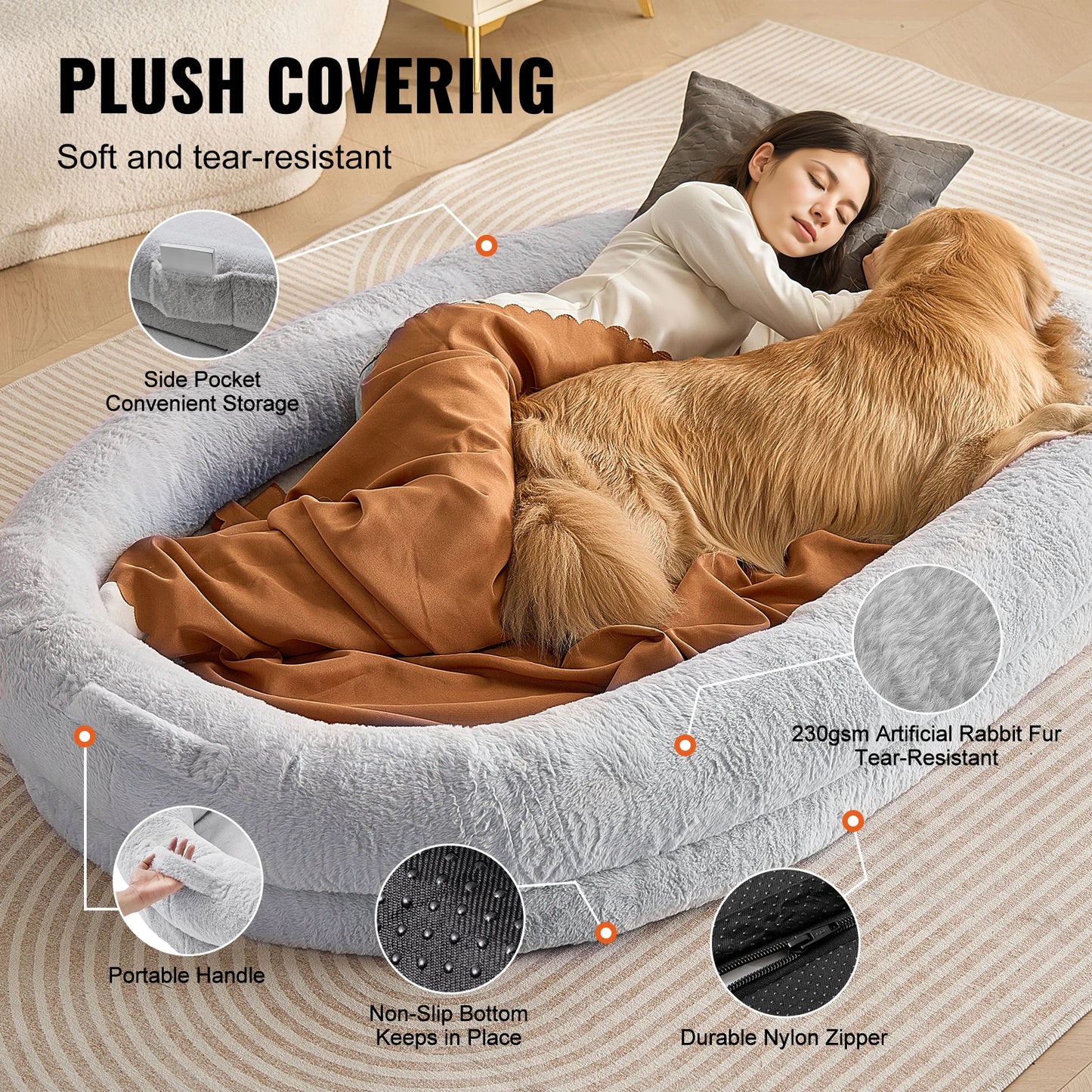 SucceBuy Human Dog Bed With Washable Faux Rabbit Fur Cover Orthopedic Foam