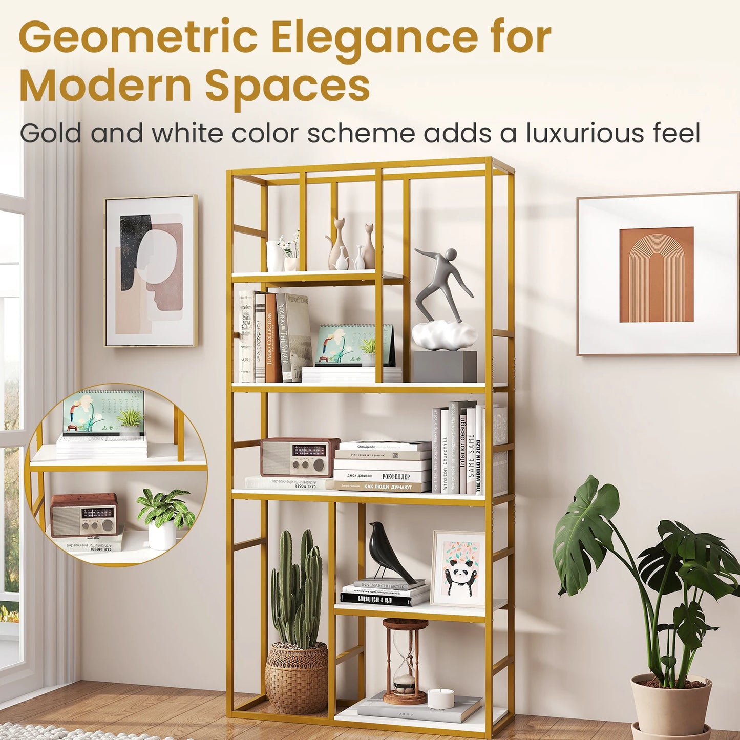 71” 5 Tier Tall Bookshelf w/ Open Storage Shelves, Metal Frame for Bedroom Office