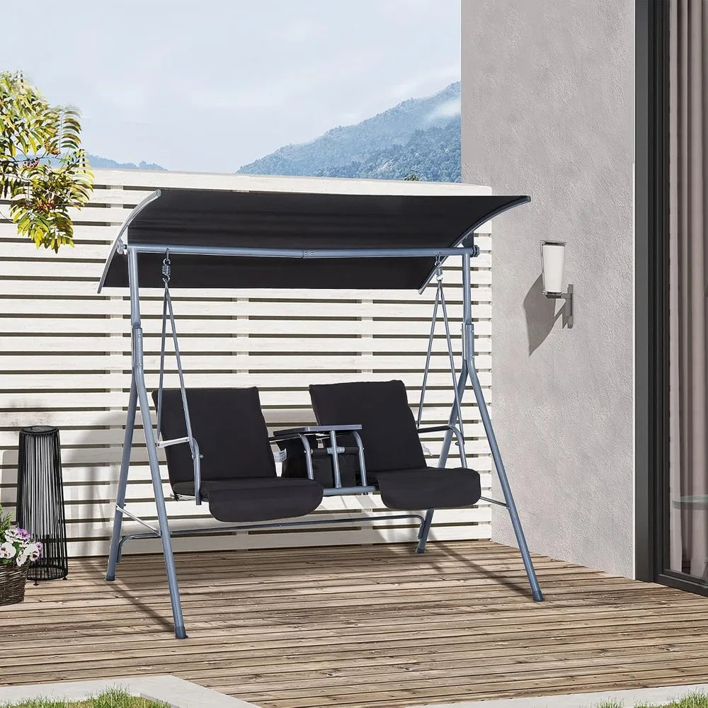Two Person Porch Swing With Stand And Canopy Cushions For Patio