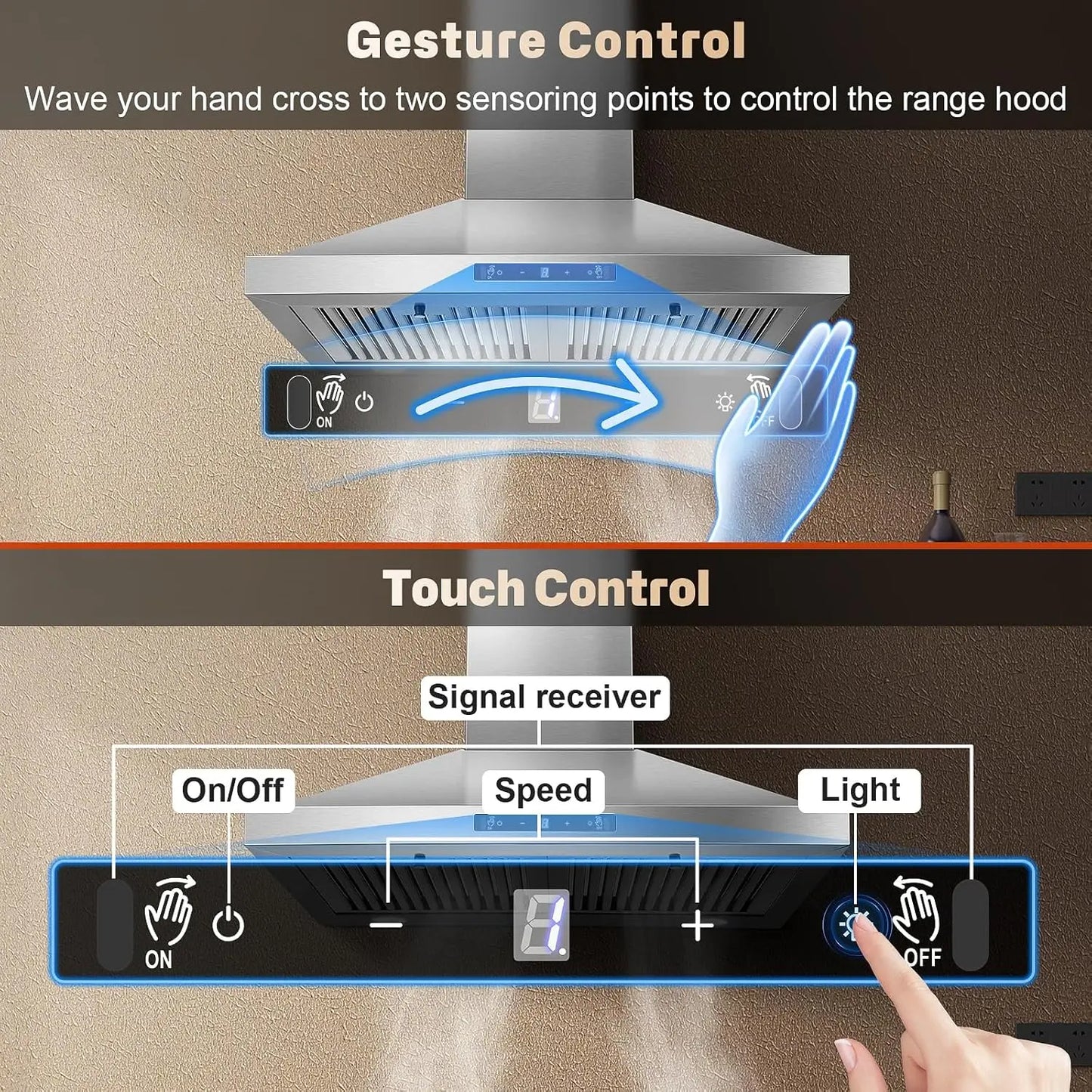 Tieasy Wall Mount Range Hood Stainless 450 CFM Gesture Sensing