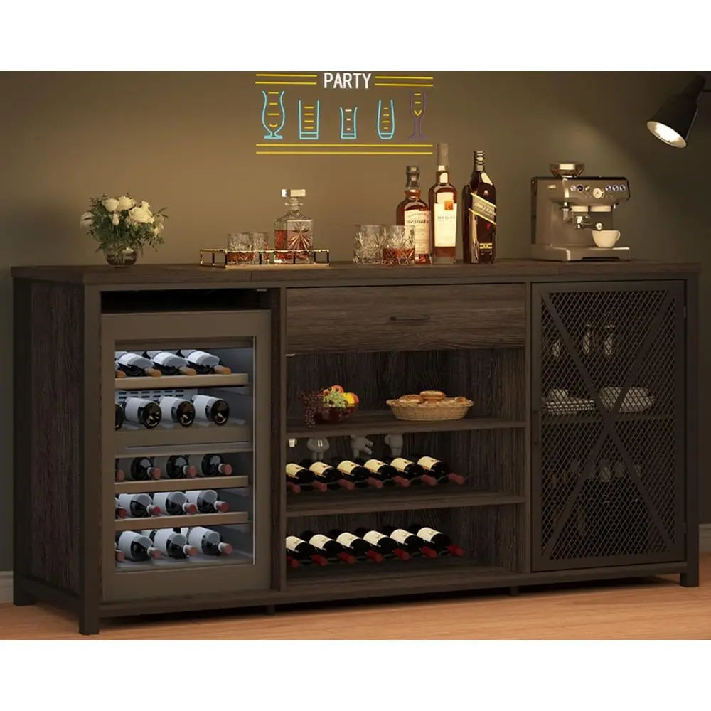 Rustic Metal and Wood Wine Cabinet With Storage Rack for Kitchen
