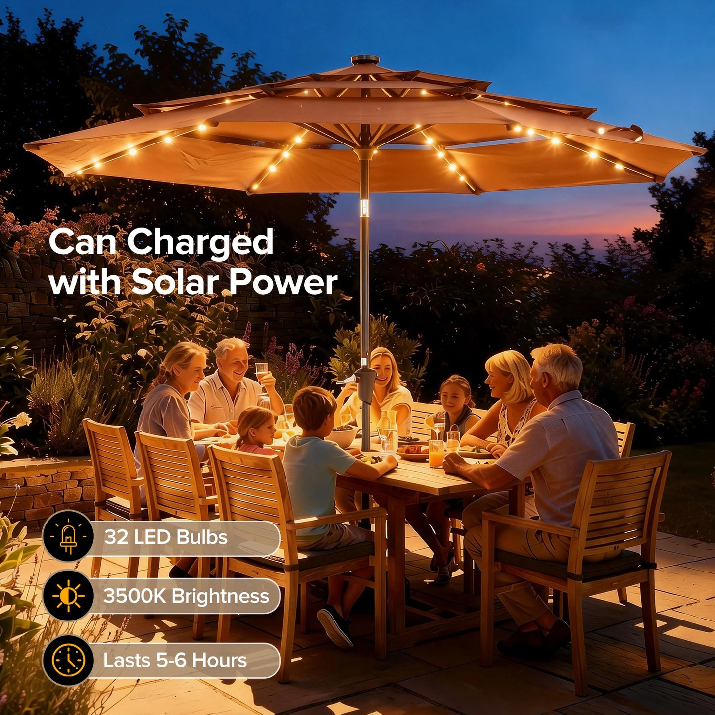 Jhk 3 Tier Outdoor Patio Umbrella With 32 LED Lights And Crank