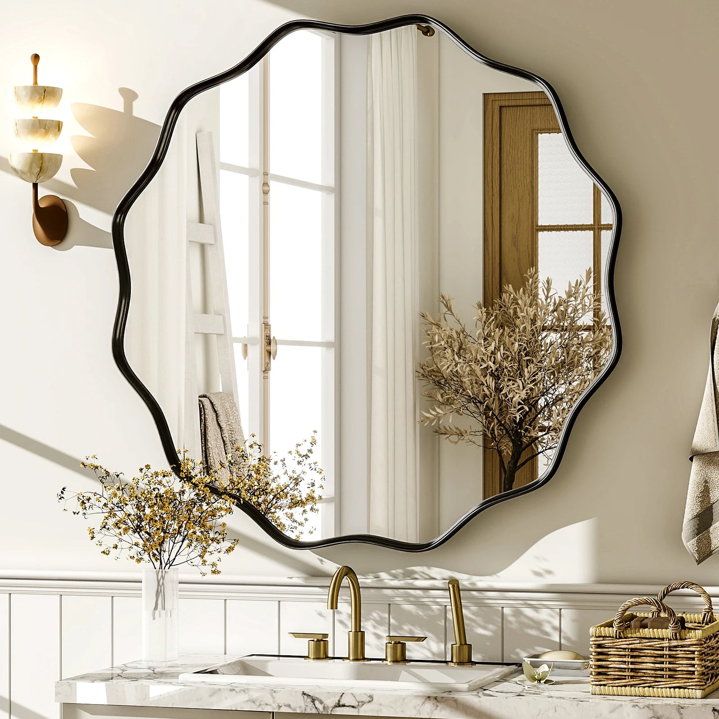 BEAUTYPEAK Wavy Round Decorative Wall Mirror With Deep Frame