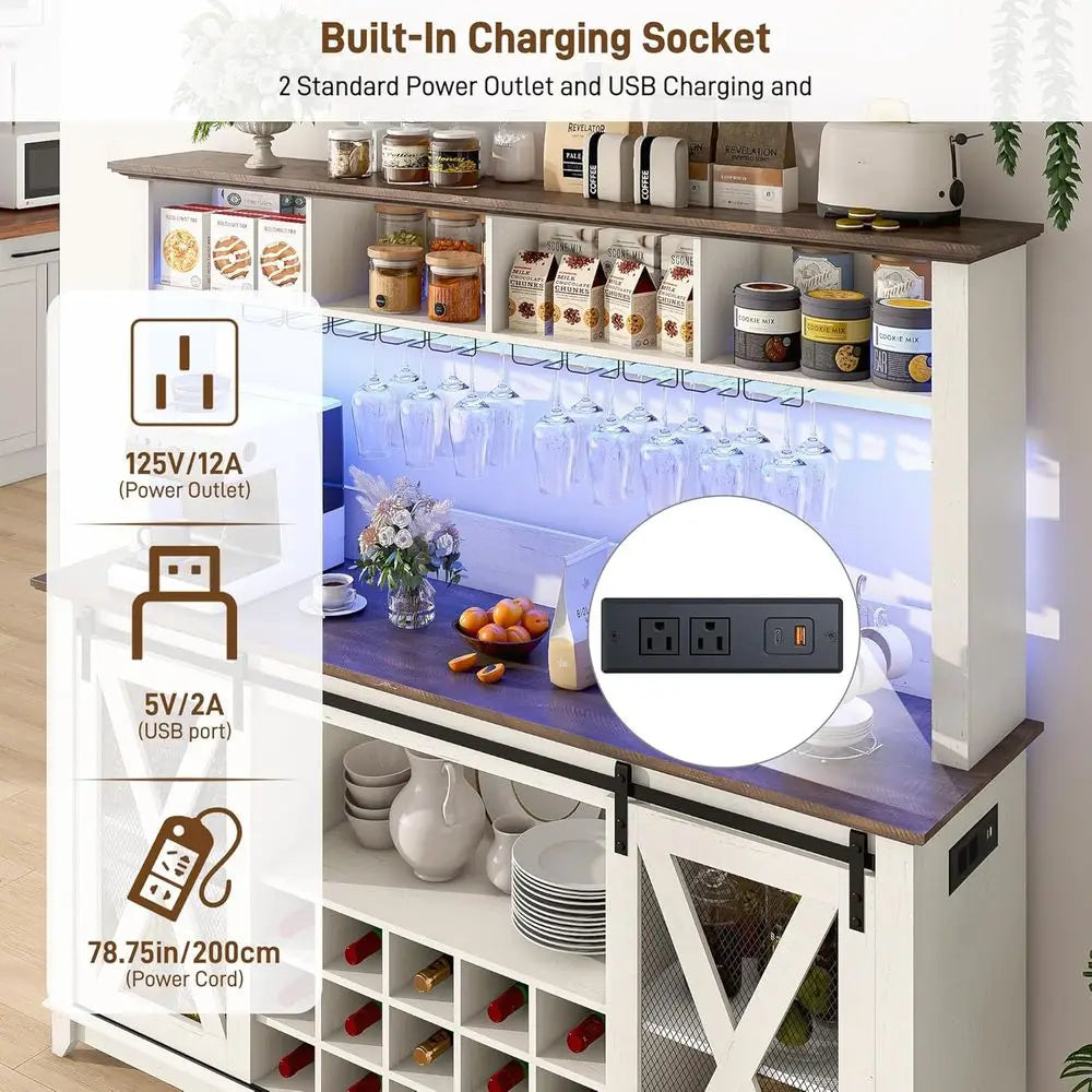 Bar Cabinet With Power Outlet LED Light And Wine Racks