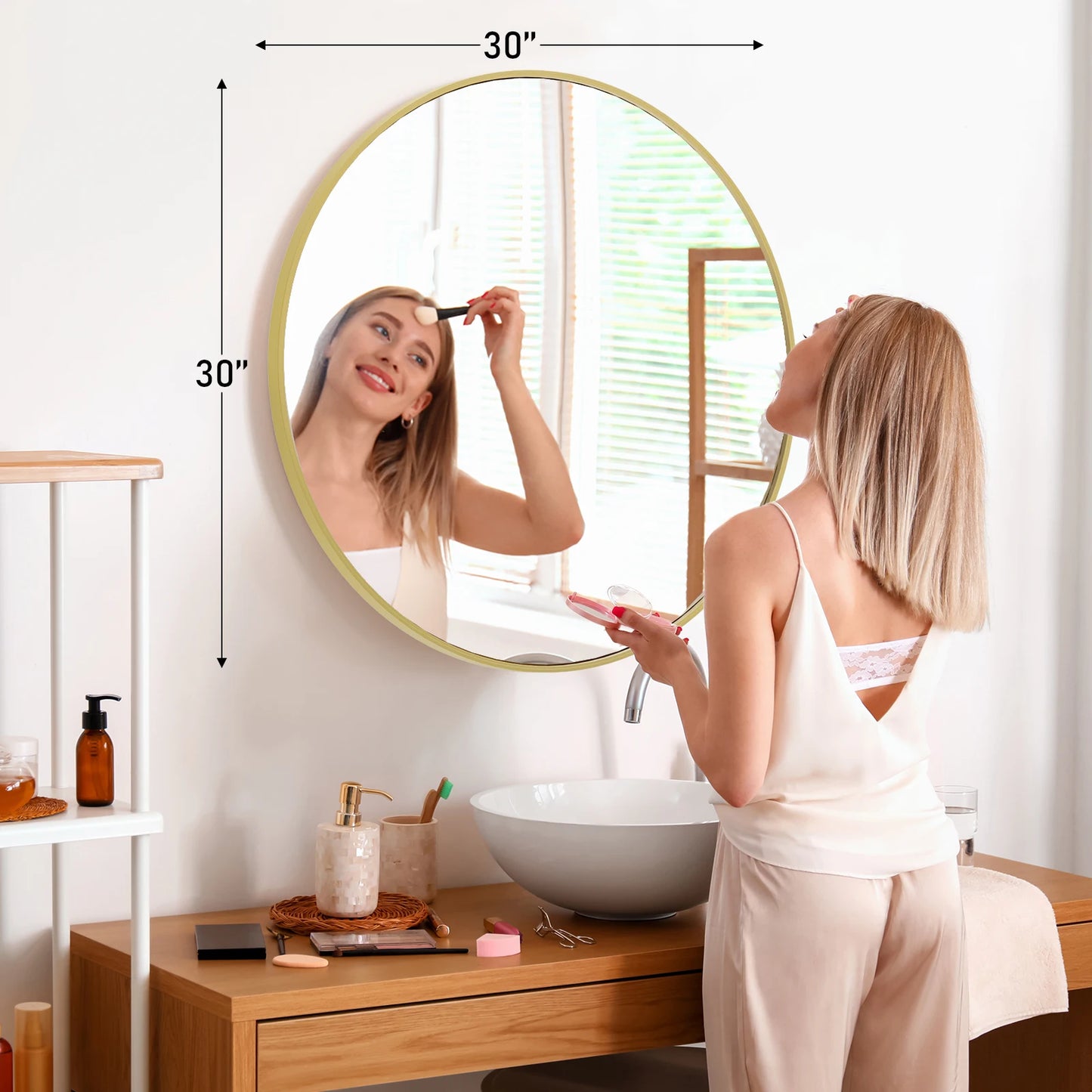 JHK Round Vanity Mirror With Matte Metal Frame Wall Mount
