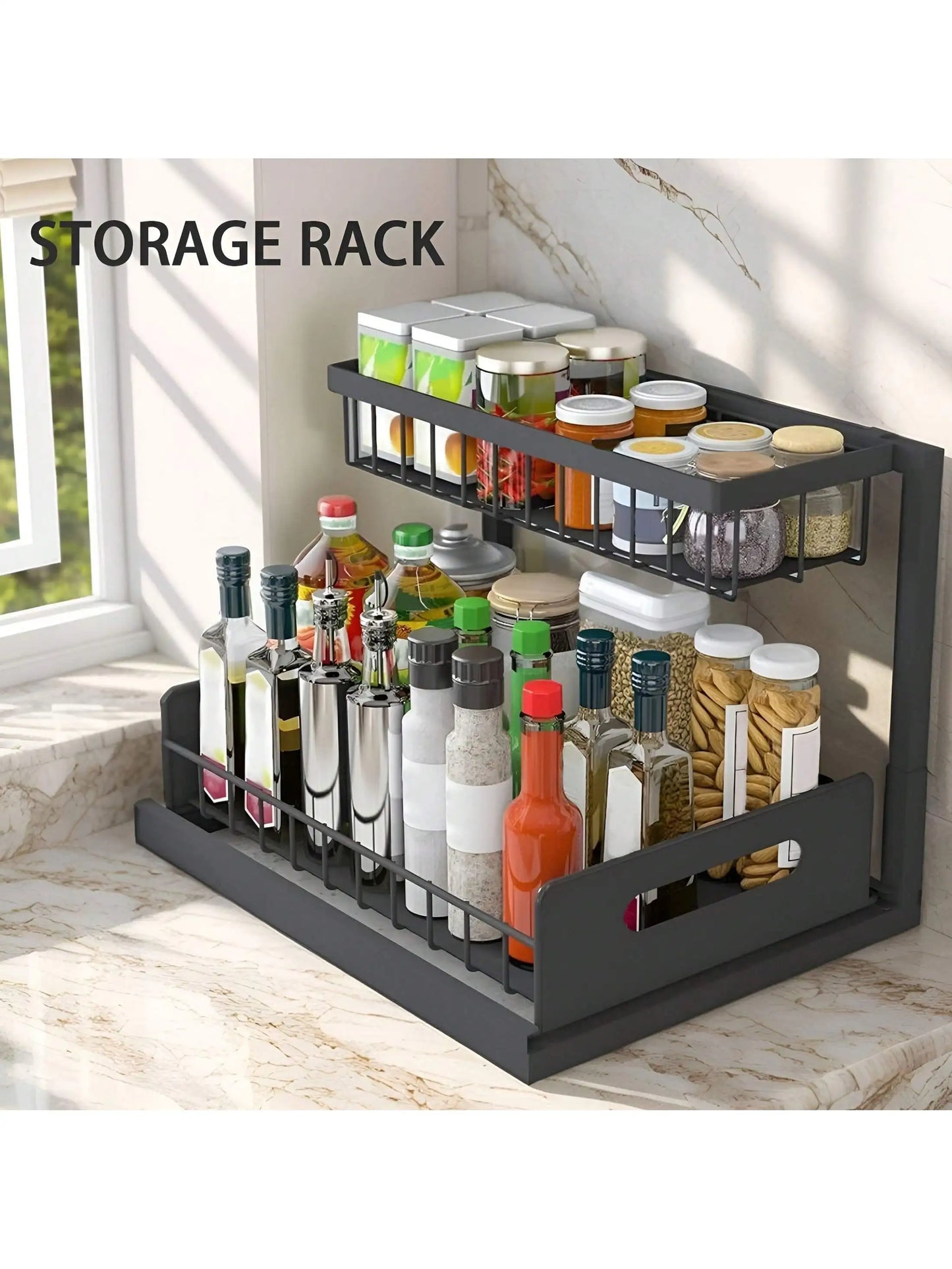 Under Sink Organizer Rack 2 Tier Under Sliding Cabinet Basket Organizer Drawer , Multi-Purpose Under Sink Storage For Bathroom Kitchen Desktop (Black)