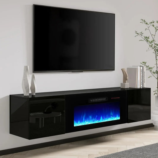 Floating Television Stand With Electric Fireplace Entertainment Center Storage