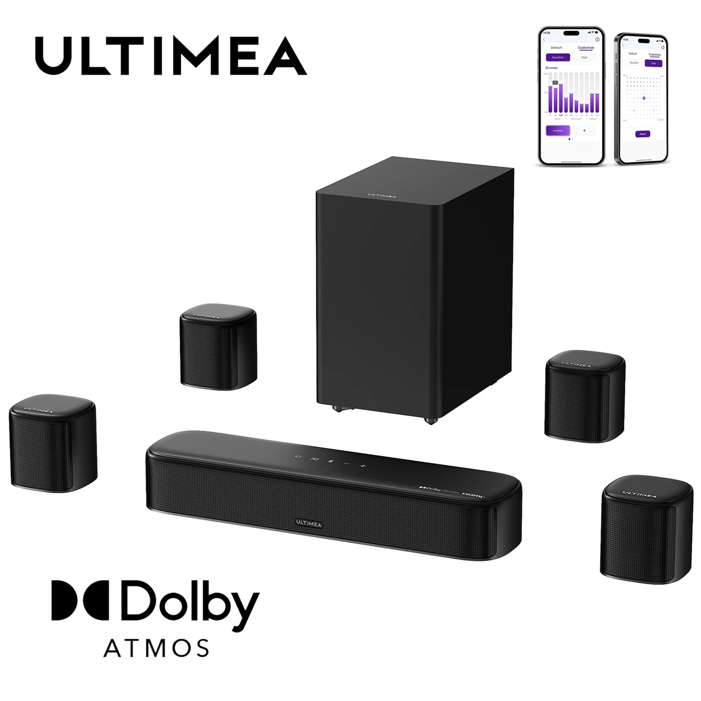 ULTIMEA 420W 7.1ch Soundbar with Dolby Atmos, Surround Sound System for TV with 5.25" Subwoofer&4 Surround Speakers, App Control