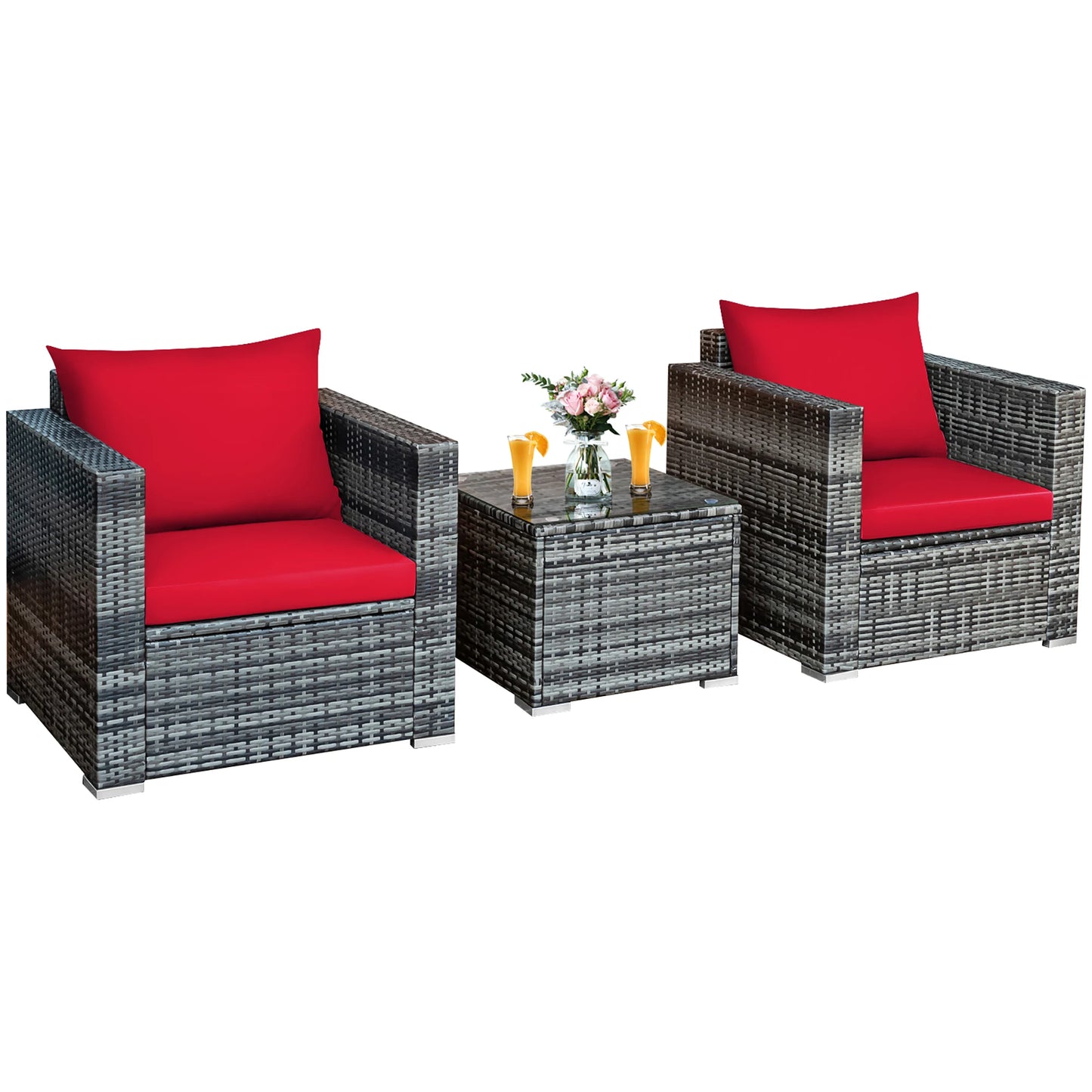 HOMASIS 3 Piece Patio Rattan Bistro Set Cushioned Sofa Chair Table