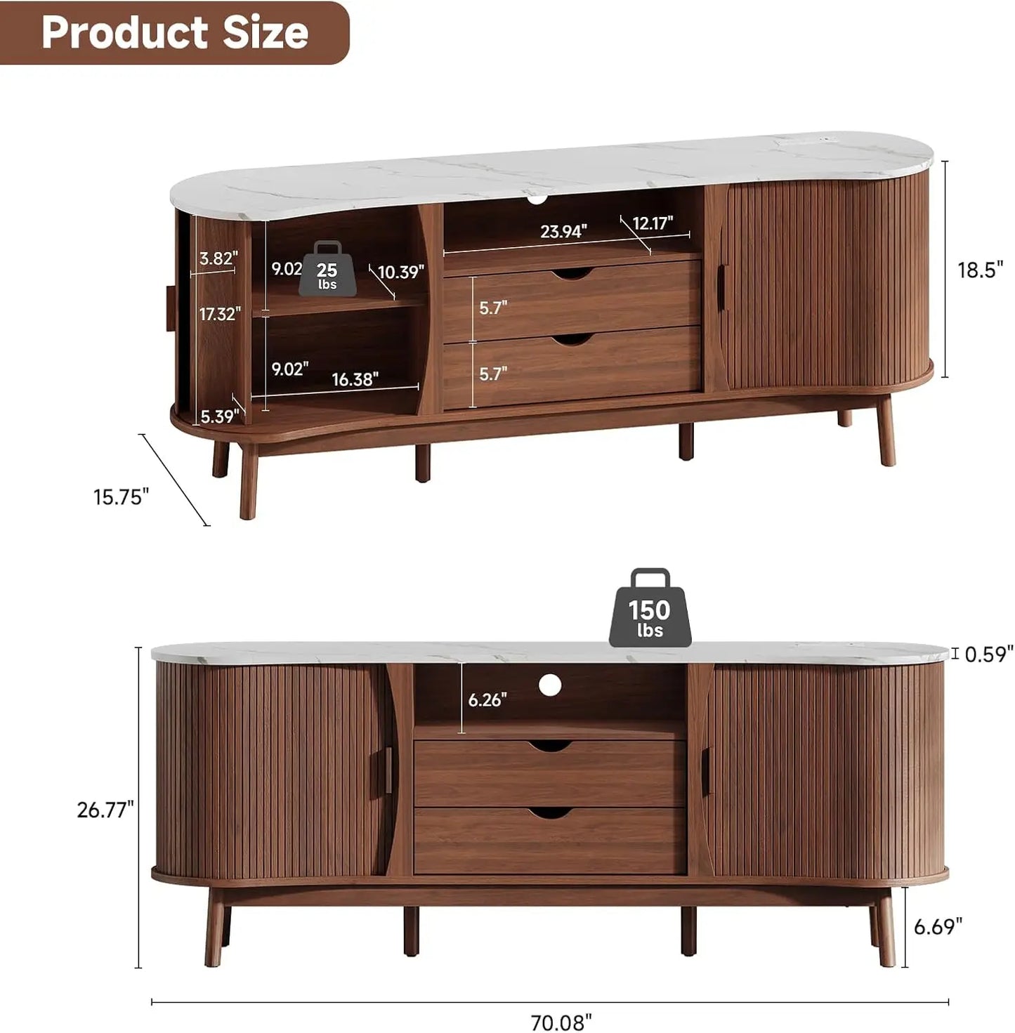 Onbrill 70 Inch Fluted Tv Stand Entertainment Center