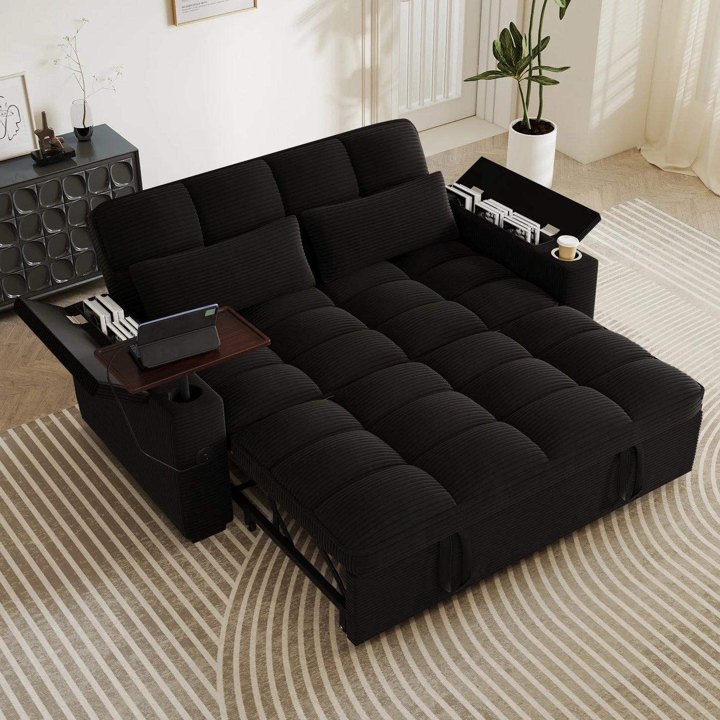 65 Inch Foldable Sofa Bed With Swivel Table And USB Charging