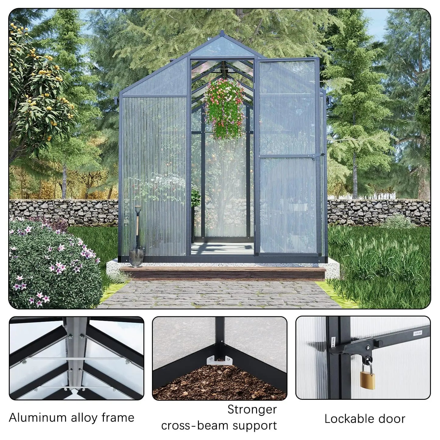 Polycarbonate Walk In Greenhouse With Aluminum Frame And Roof Vent