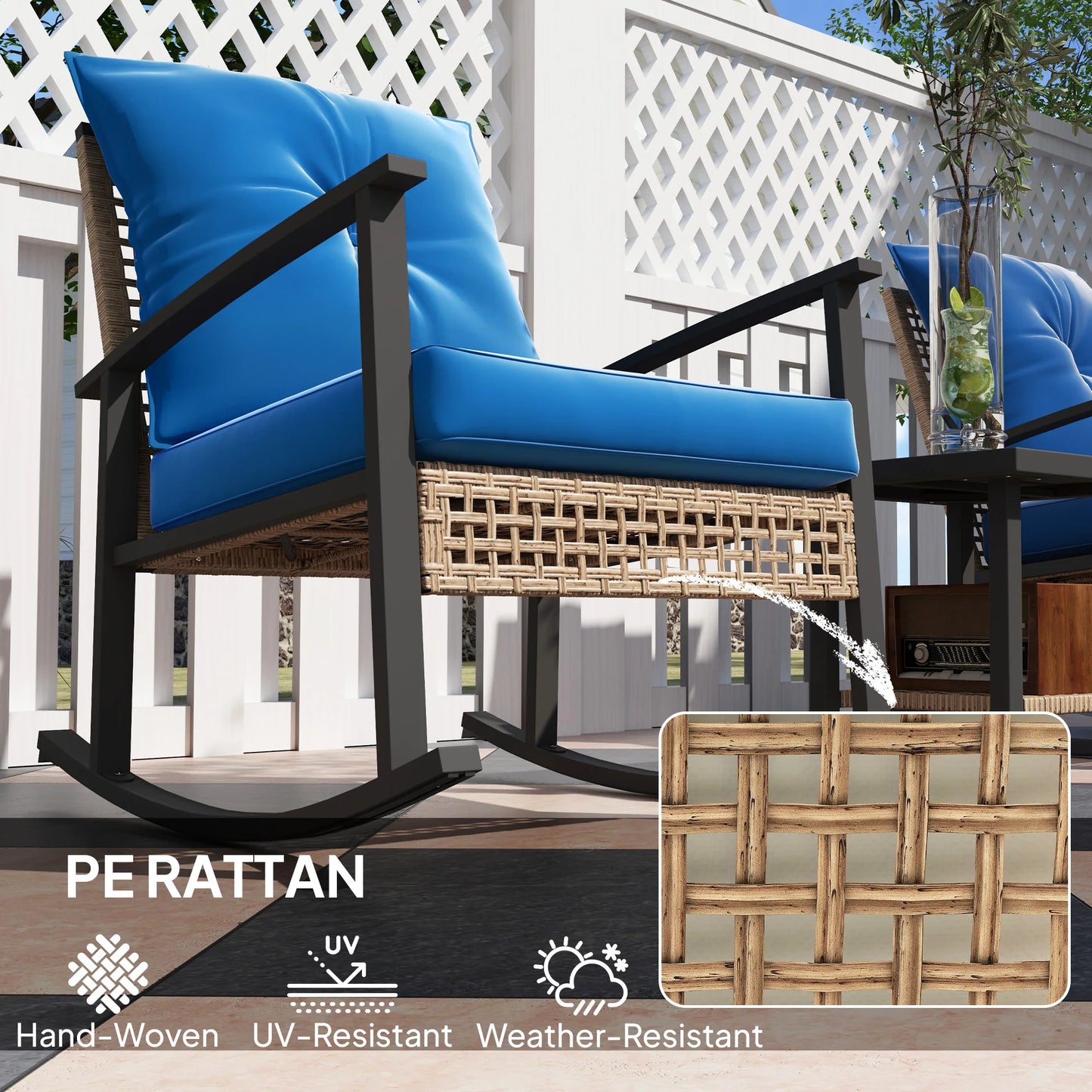 Outsunny 3 Piece Metal Rattan Bistro Set With Rocking Chairs And Coffee Table Dark Blue
