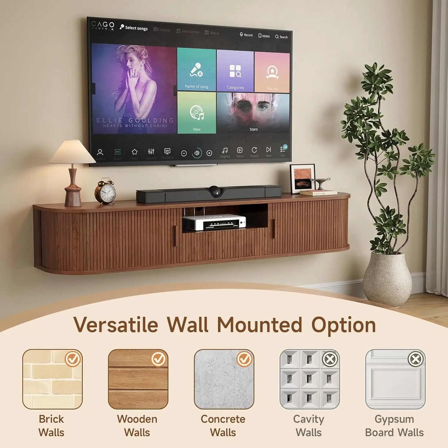Onbrill 70 Inch Smart Floating TV Stand With Walnut Fluted Wood