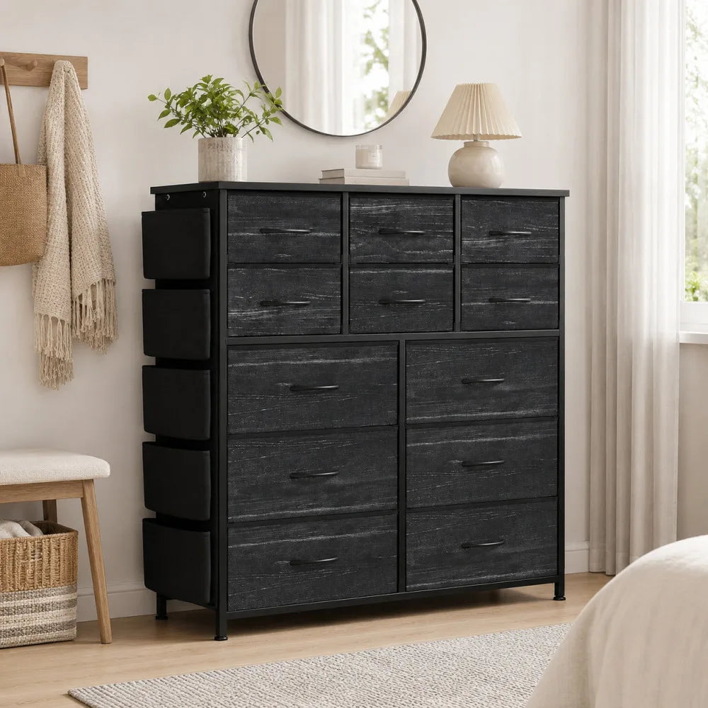 12 Drawer Dresser for Bedroom Fabric Storage Chest with Wood Top Steel Frame Side Pockets Hooks Organizer Cabinet for Living Room Entryway Bathroom Rustic Brown