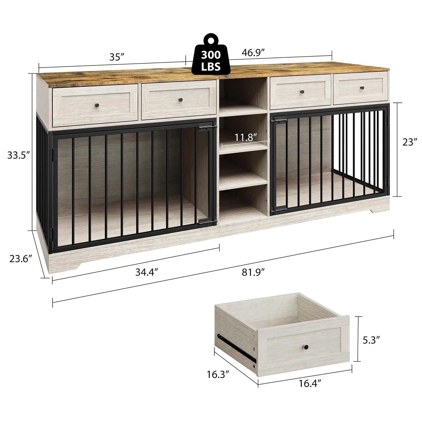 HiMISS Heavy Duty Wooden Dog Crate TV Stand With Drawers