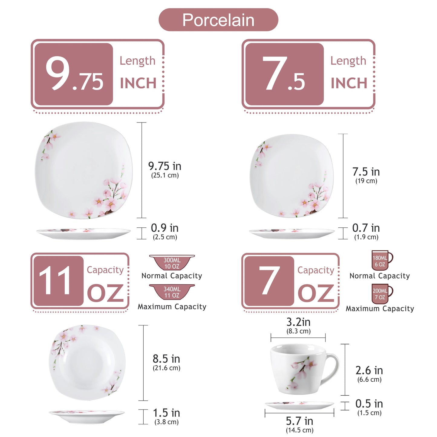 VEWEET ANNIE 30/24/20 Pcs Porcelain Dinnerware Set Pink Floral Plates Dinner Set with Dinner Plate/Dessert/Soup/Cup/Saucer