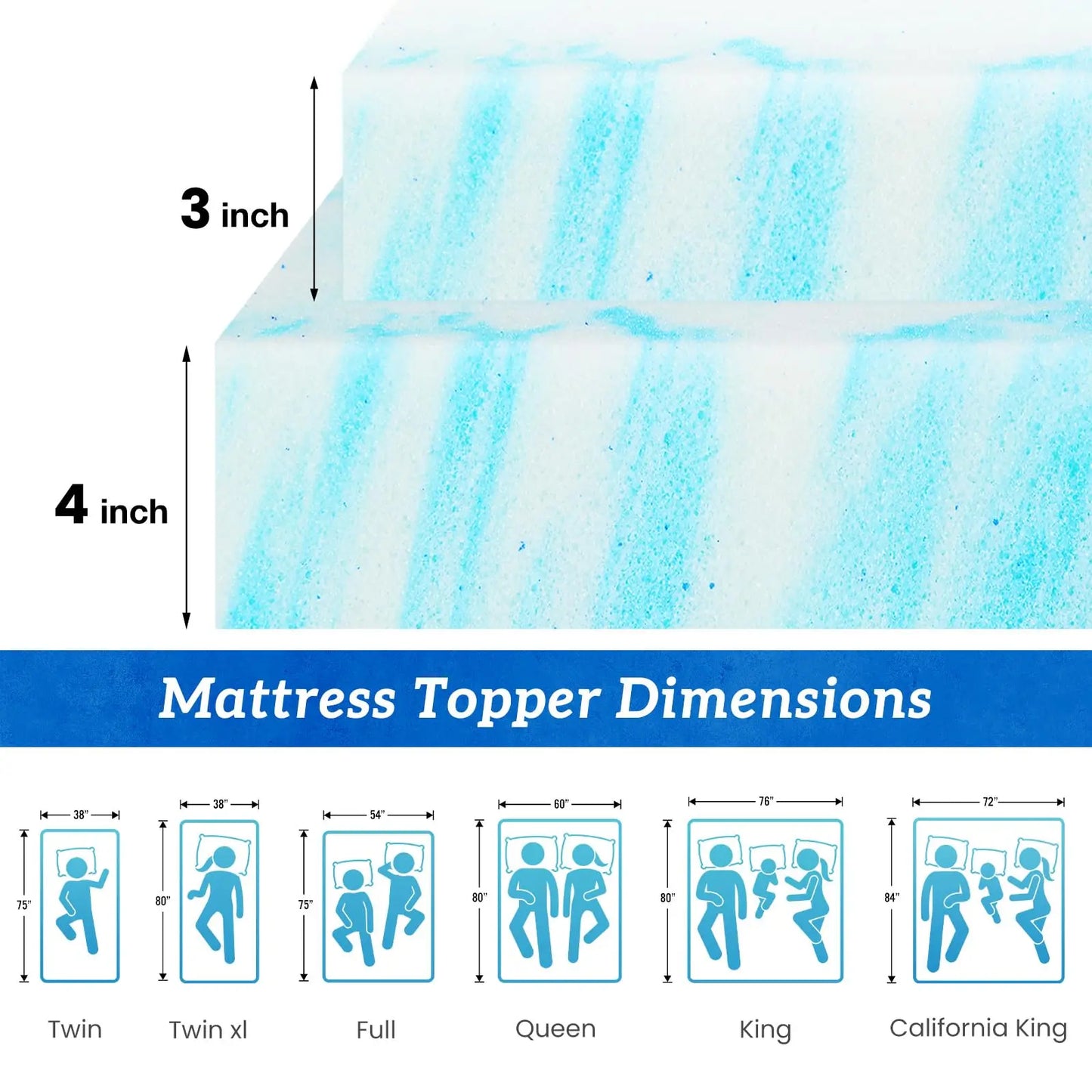 JHK 2 To 4 Inch Gel Cooling Memory Foam Mattress Topper