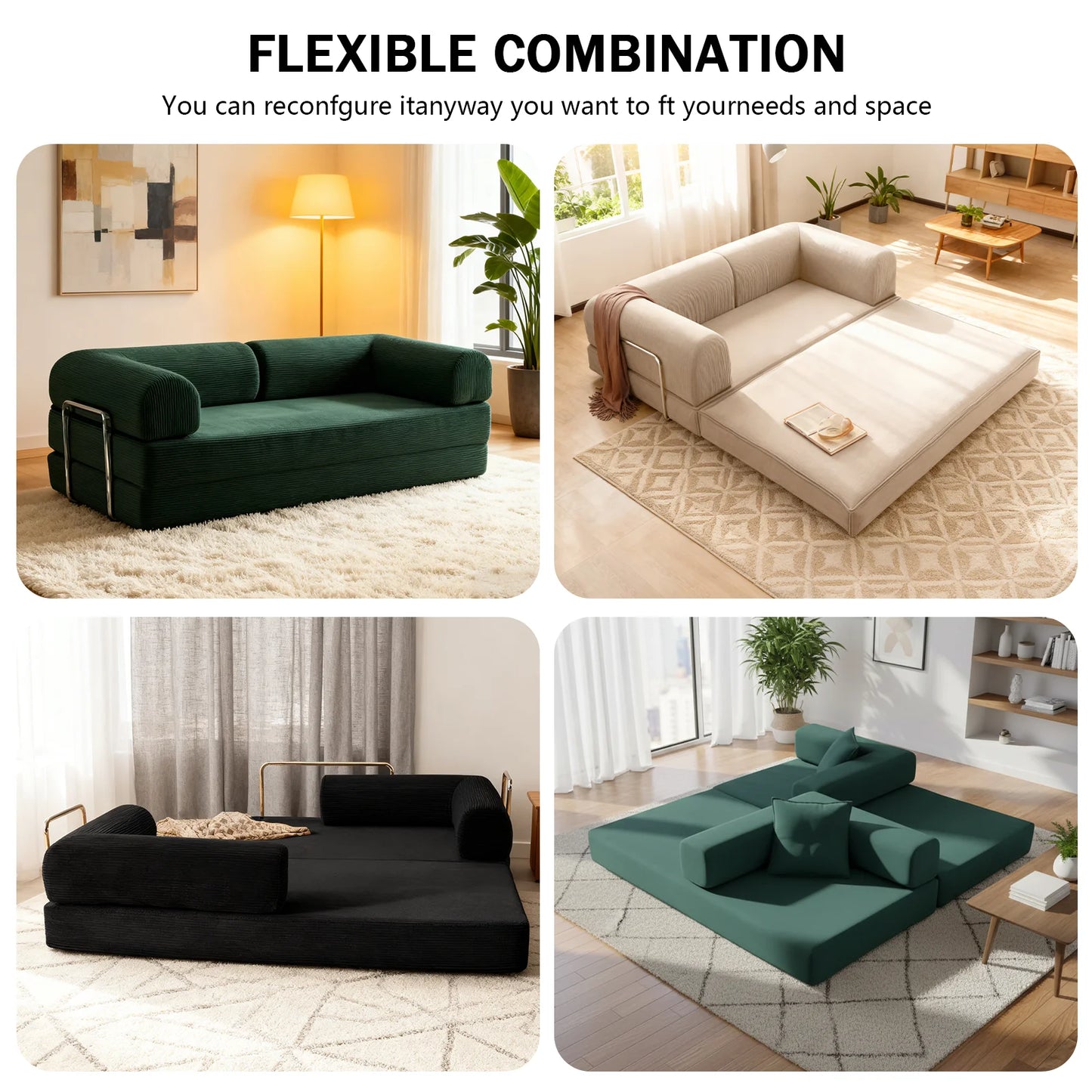 Convertible Modular Sofa Bed With Memory Foam And Stainless Steel Frame