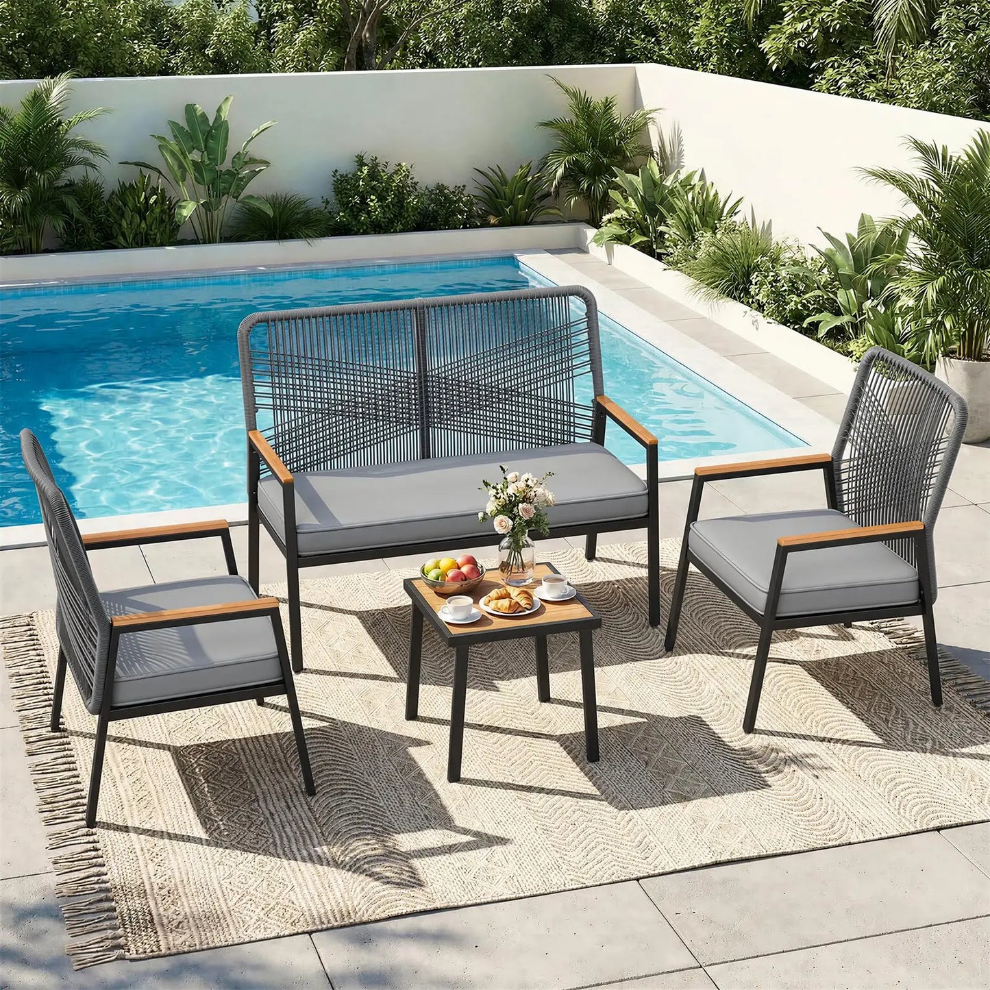 Modern Rattan Patio Loveseat With Wpc Armrest