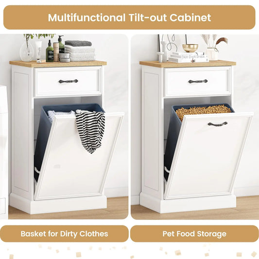 Trash Cabinet Tilt Out, Hidden Trash Can Cabinet 10 Gallon Storage Holder, Freestanding Pet-Proof Garbage Can Cabinet for Kitchen Dining Living Room