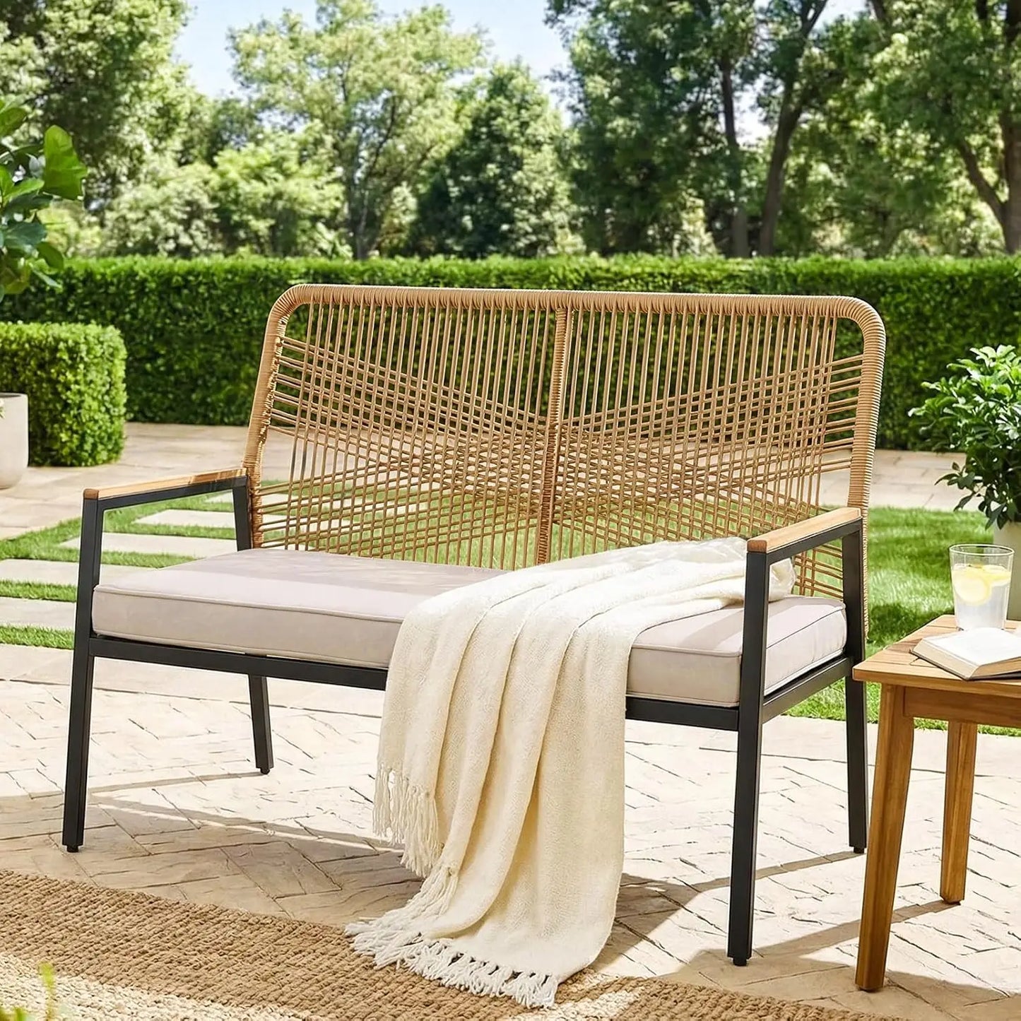 Modern Rattan Patio Loveseat With Wpc Armrest