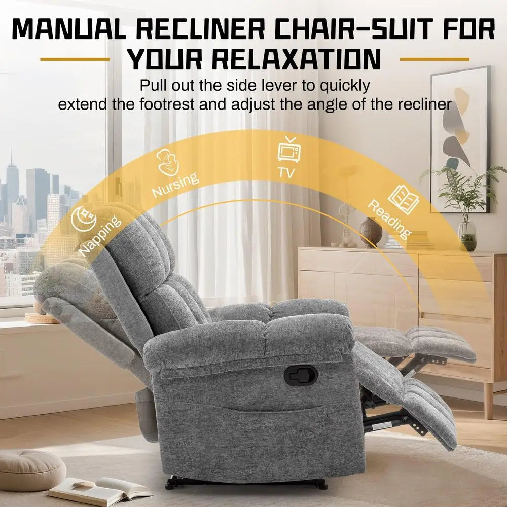 Recliner Chair, Living Room Recliner Chairs for Adults, Small Recliners for Small Spaces, Upholstered Manual Recliner with Side