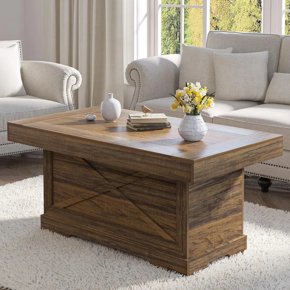 Rustic Coffee Table With X Design Pedestal For Living Room
