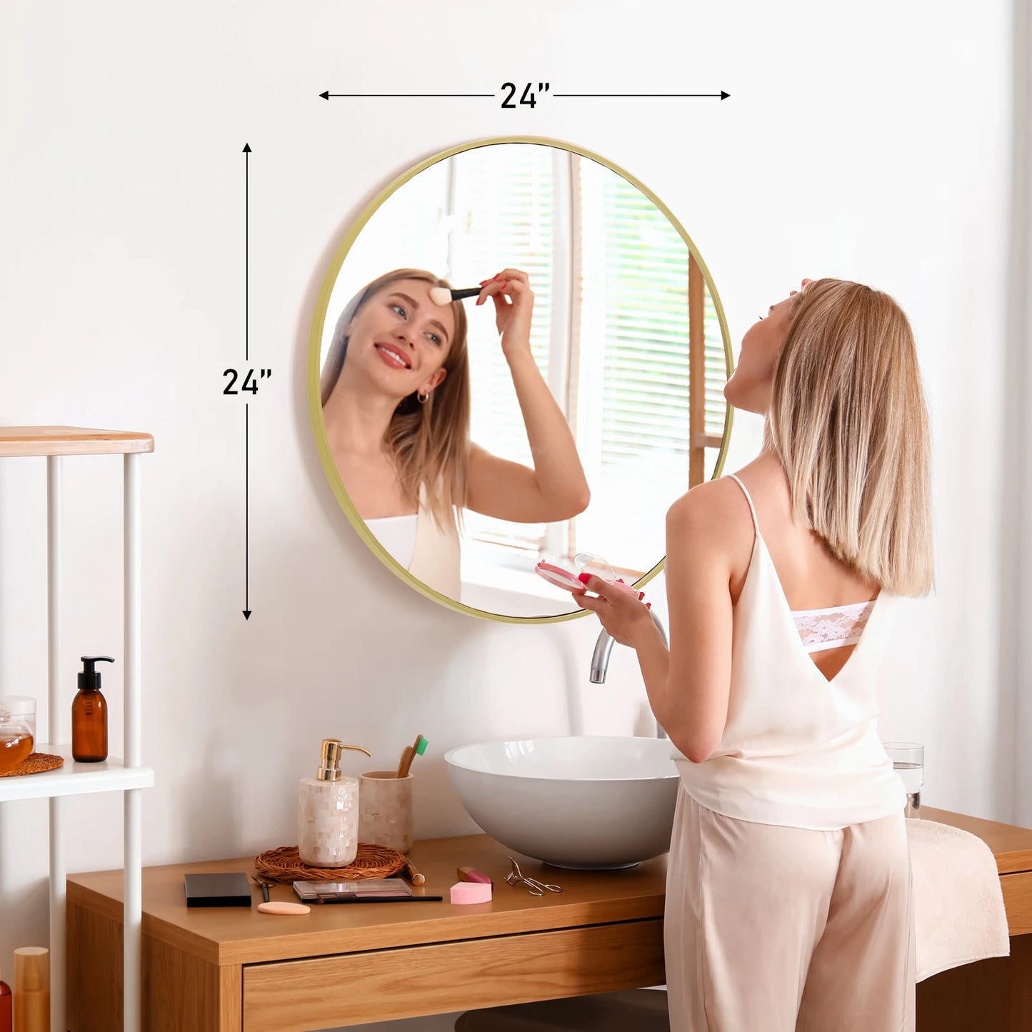 JHK Round Vanity Mirror With Matte Metal Frame Wall Mount