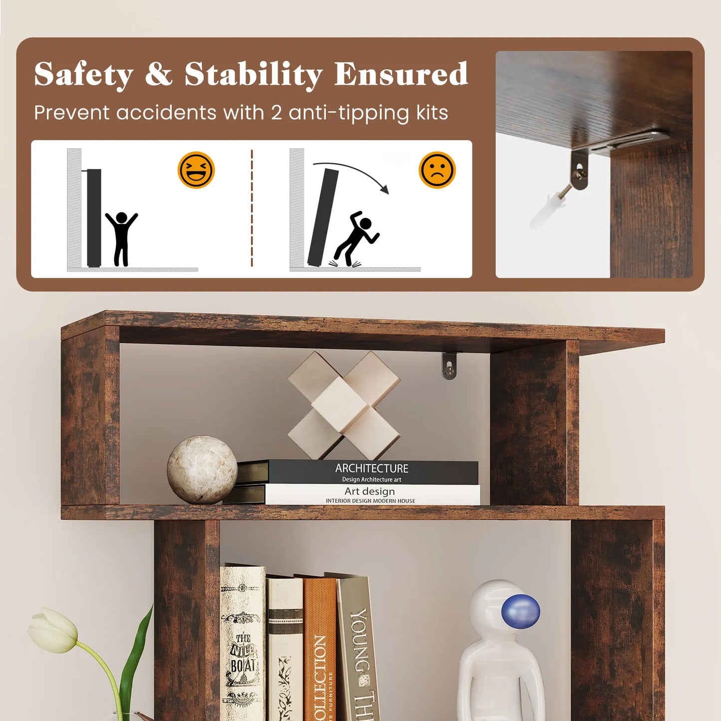 6-tier Storage Bookshelf S-shaped Geometric Bookcase w/ Anti-toppling Kits