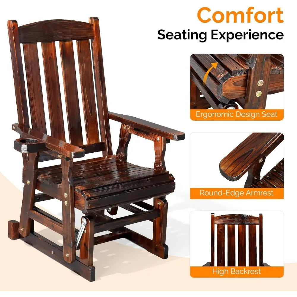 Outdoor Wooden Patio Glider Chair Cup Holder Smooth Rocking Rustic