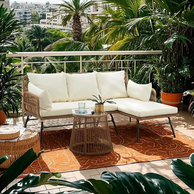 XIUWO Outdoor 3-Piece L-Shaped Rattan Patio Furniture Set
