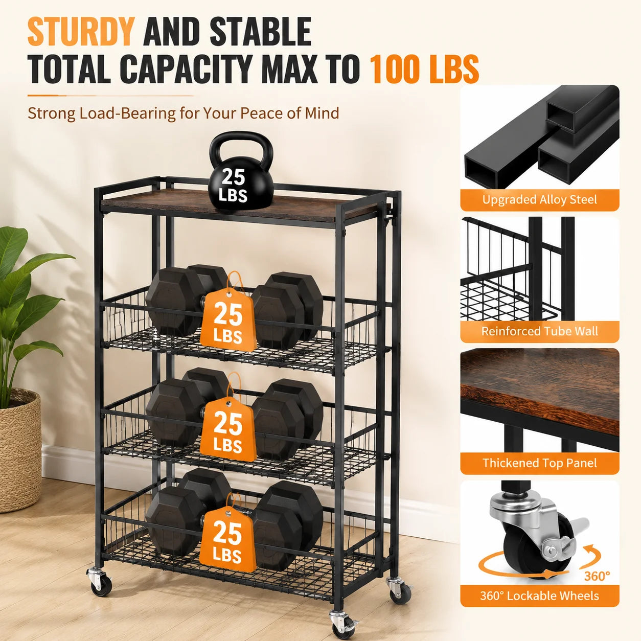 Large 4-Tier Foldable Storage Cart with Lockable Casters, 100 Lbs Capacity Expandable Kitchen Organizer, No Assembly Heavy Duty Garage Shelving Utility Rack, Black