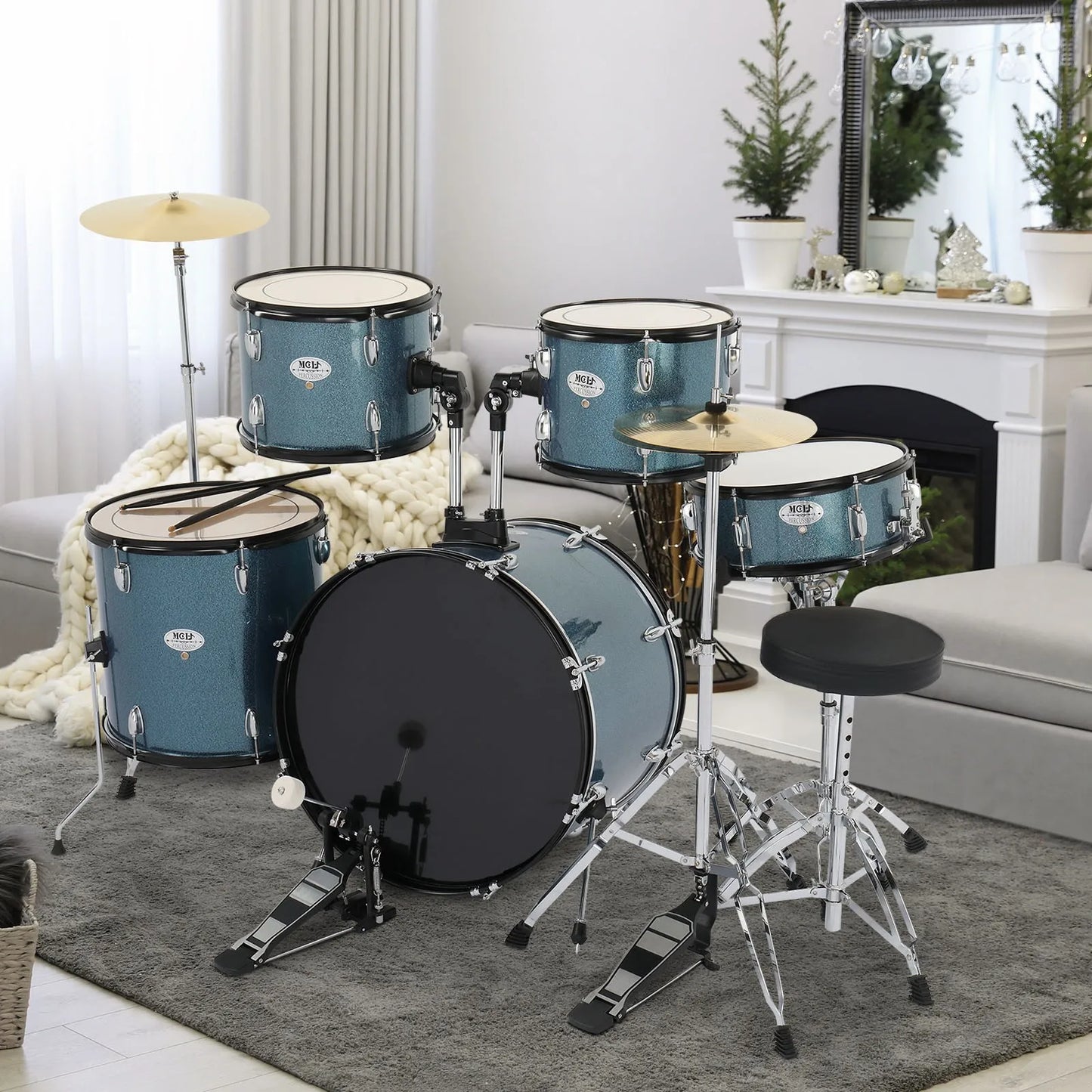 Full Size 5-Piece Bass Drum Kit With Stool Sticks And Cymbals