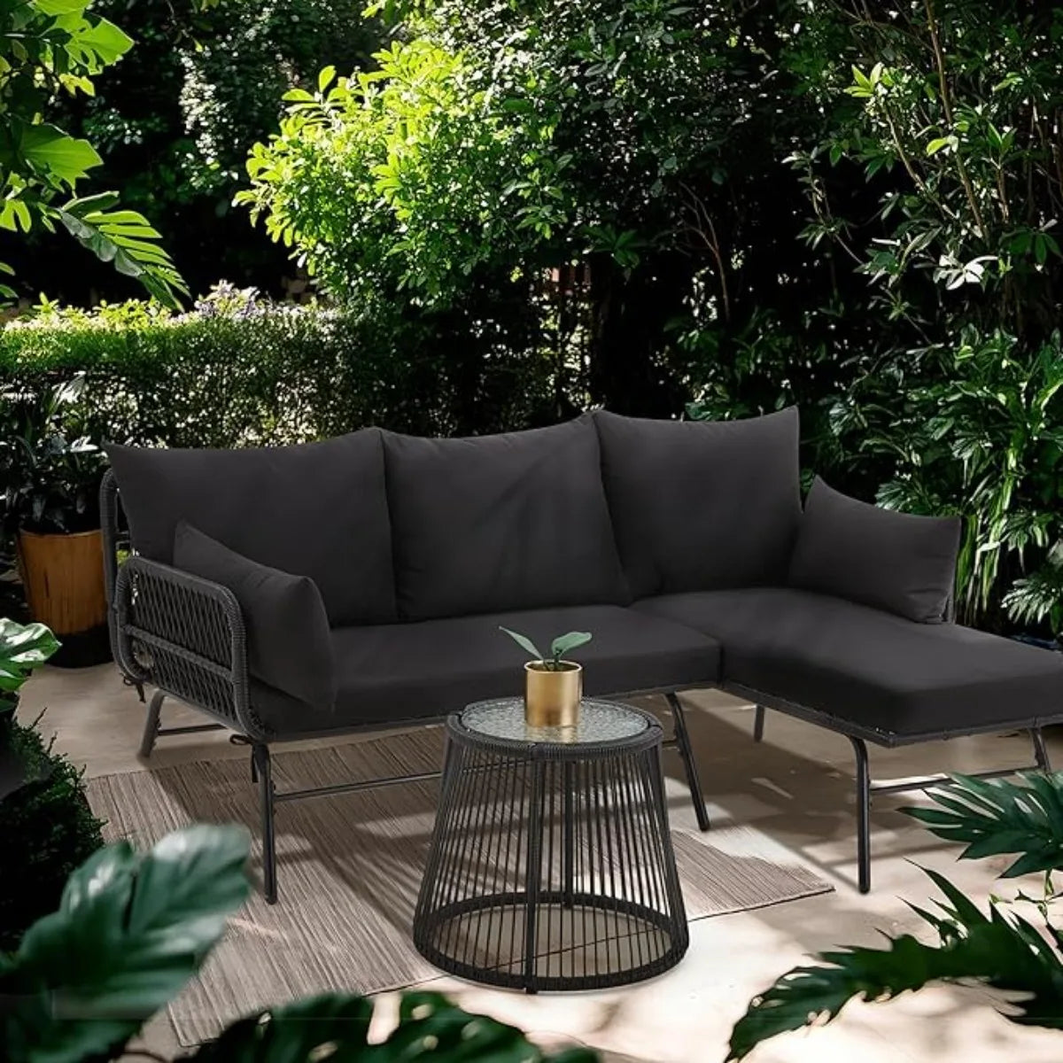 XIUWO Outdoor 3-Piece L-Shaped Rattan Patio Furniture Set